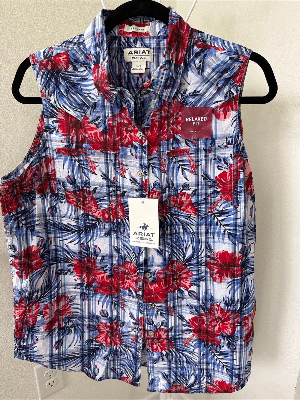 Ariat Sleeveless Floral Plaid Button-Front Top - Red & Blue - Picture 3 of 7